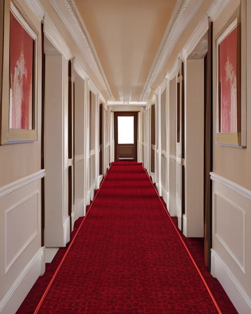 Small hotel hallway with red carpeted floors